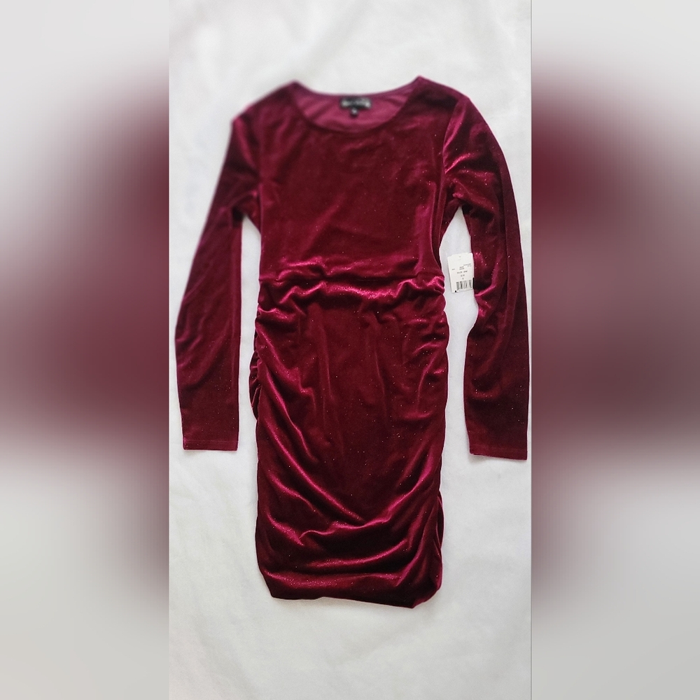 NWT! Lush Velvet Shimmer Crystal Doll Women's Holiday Sparkle Ruched Dress Small - Picture 8 of 9